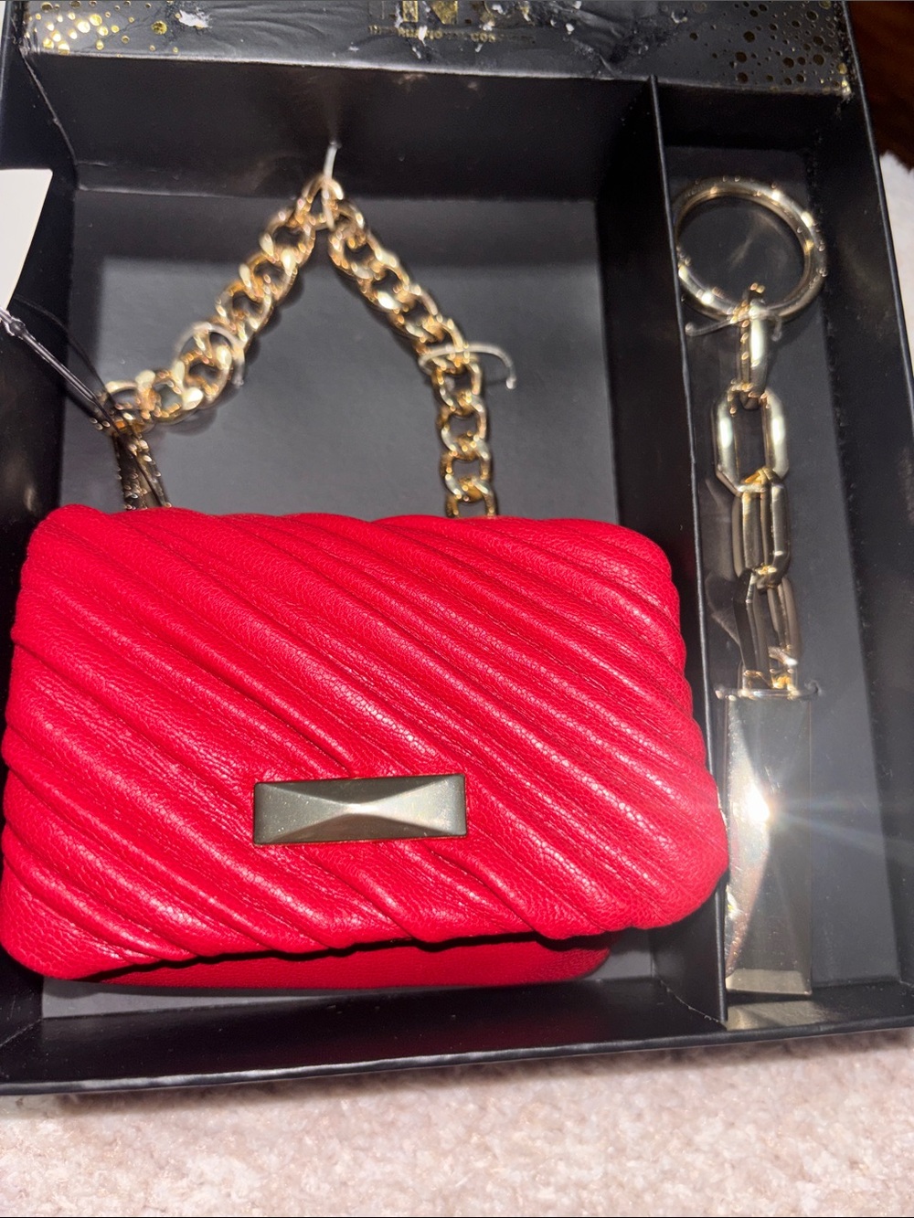 INC International Concepts Red Quilted Mini Purse Keychain with Gold Hardware